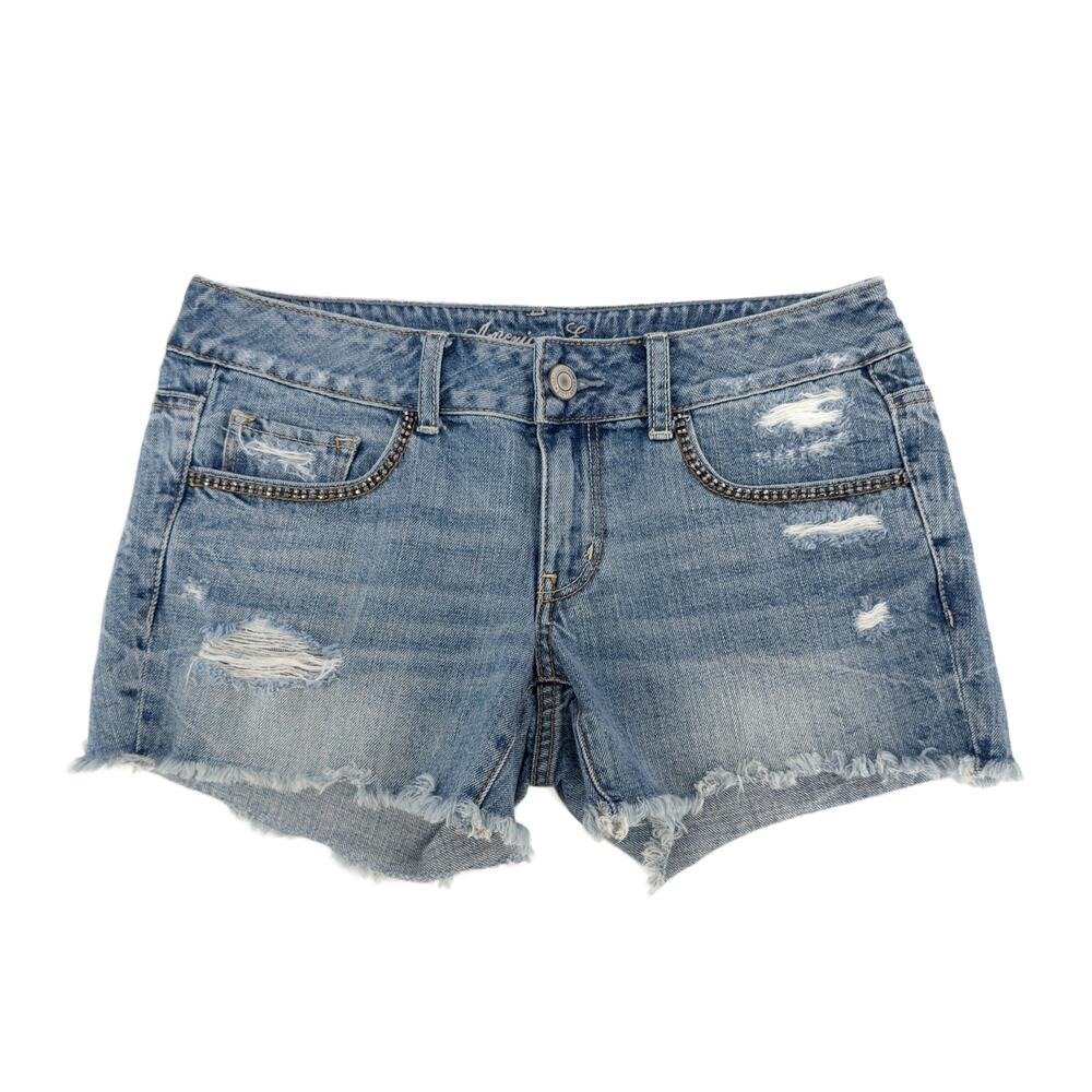 American Eagle Y2K Rhinestone Beaded Denim Shorts size 6 Distressed 4" Cutoffs